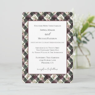 Pink Flowers Burgundy Black Faux Lace Wedding Invitation