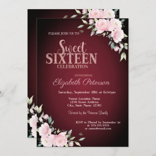 Pink Flowers Burgundy Sweet 16 Invitation
