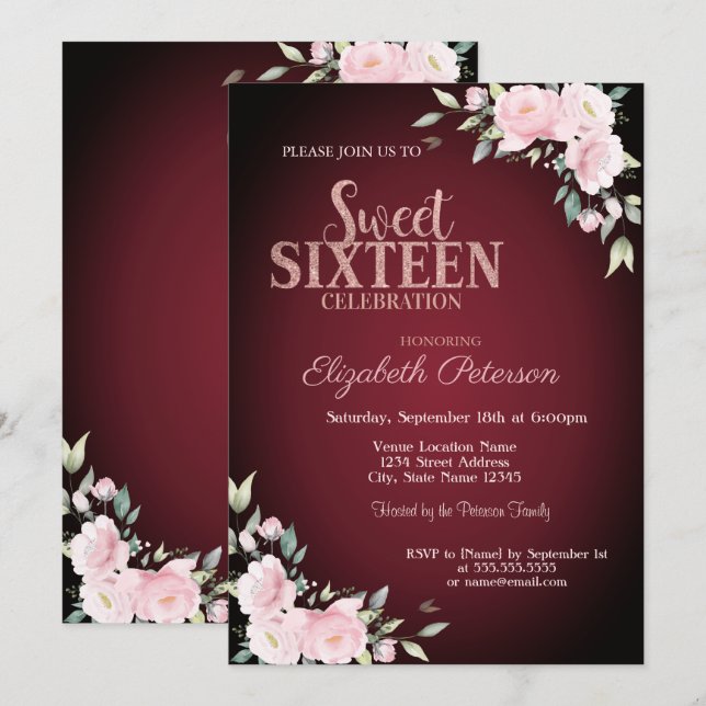 Pink Flowers Burgundy Sweet 16 Invitation (Front/Back)