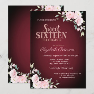 Pink Flowers Burgundy Sweet 16 Invitation