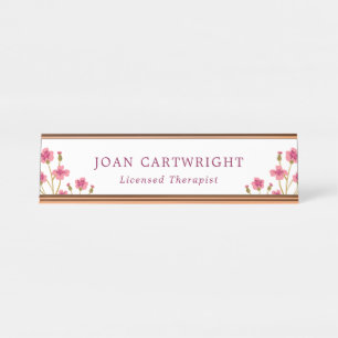 Pink Flowers Burgundy Text Desk Name Plate