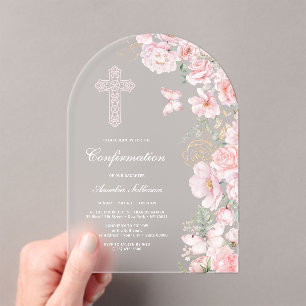 Pink Flowers Butterflies Arch Confirmation Acrylic Invitations