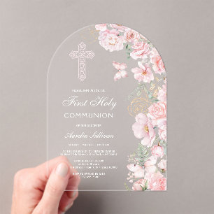 Pink Flowers Butterflies Arch First Communion Acrylic Invitations