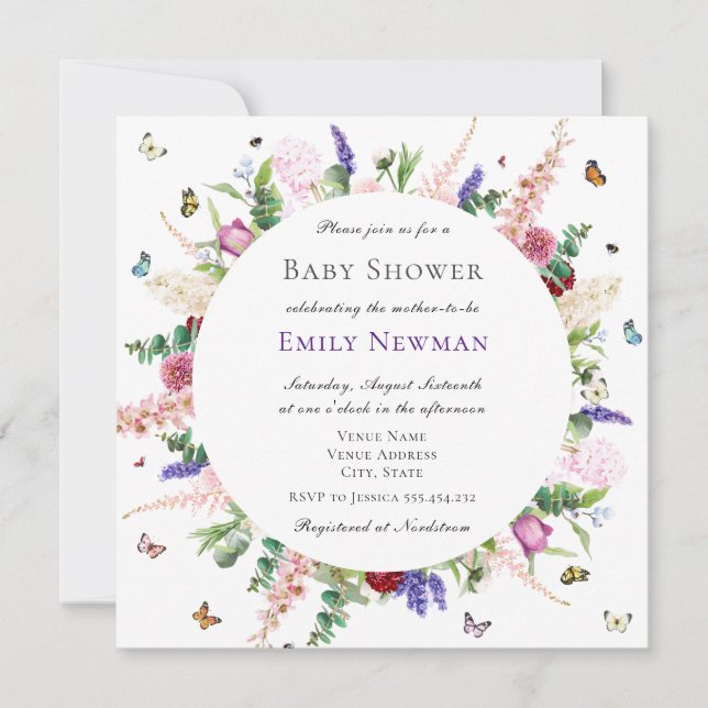 Pink Flowers & Butterflies Baby Shower Invitation (Front)