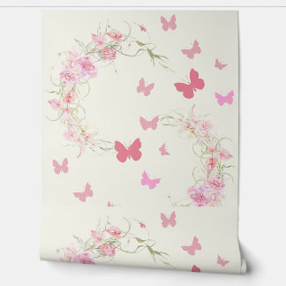 Pink Flowers, Butterflies, Pale Pink Background Wallpaper