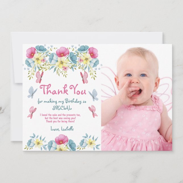 Pink Flowers Butterflies Photo Birthday Thank You Card (Front)