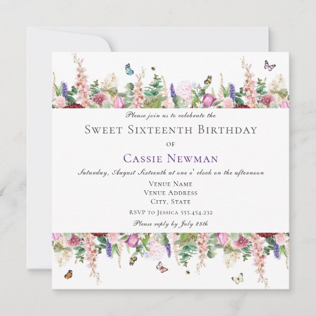 Pink Flowers & Butterflies | Square 16th Birthday Invitation (Front)