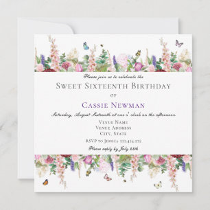 Pink Flowers & Butterflies   Square 16th Birthday Invitation