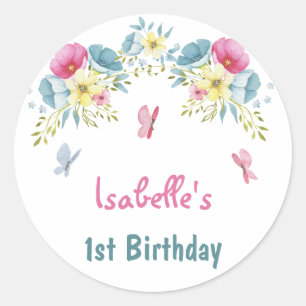 Pink Flowers Butterflies Thank You Birthday Classic Round Sticker