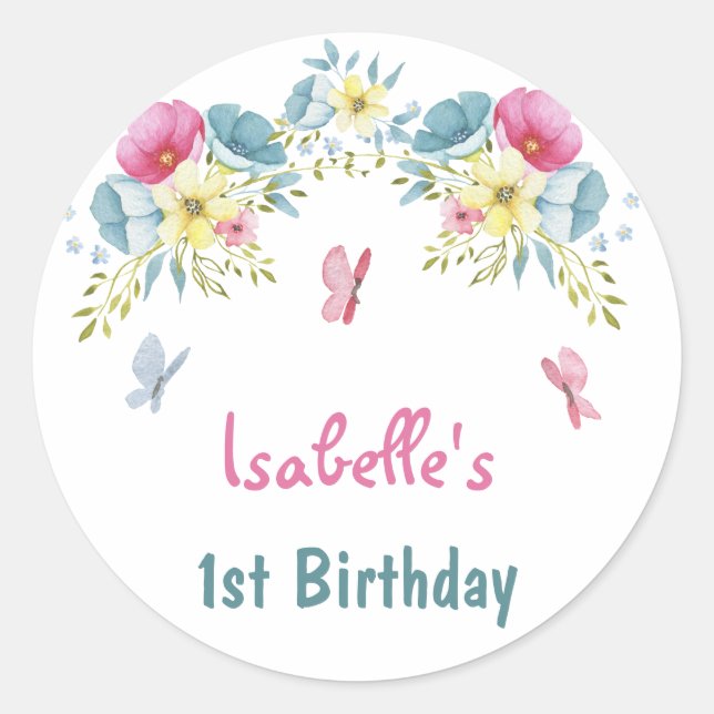 Pink Flowers Butterflies Thank You Birthday Classic Round Sticker (Front)