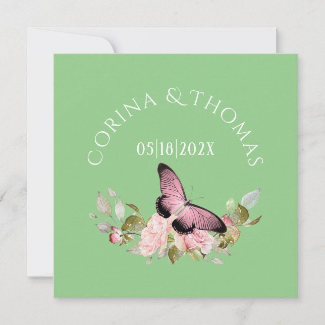 Pink Flowers & Butterfly on Green Wedding (Front)