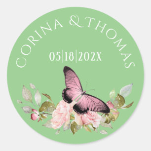 Pink Flowers & Butterfly on Green Wedding Classic Round Sticker