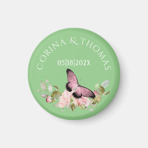 Pink Flowers & Butterfly on Green Wedding Magnet