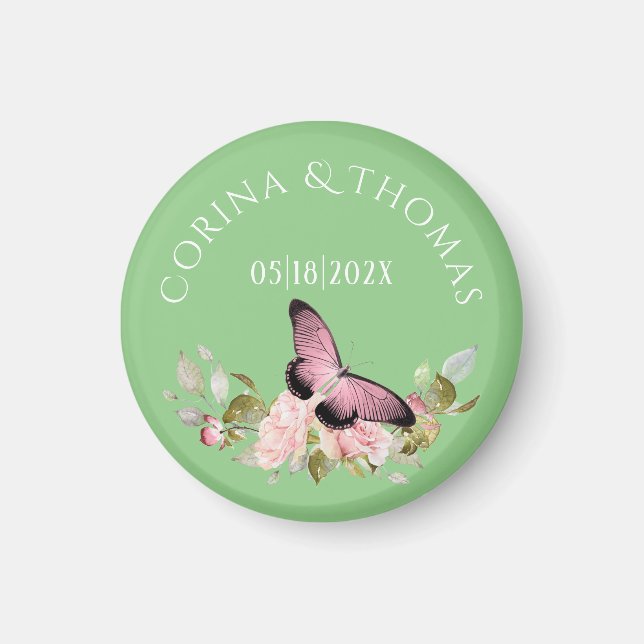 Pink Flowers & Butterfly on Green Wedding Magnet (Front)