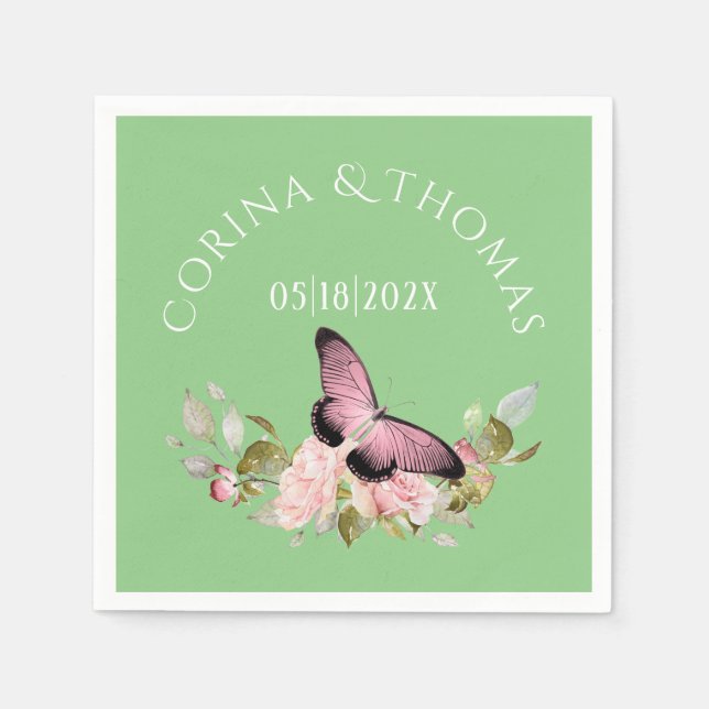 Pink Flowers & Butterfly on Green Wedding Napkin (Front)