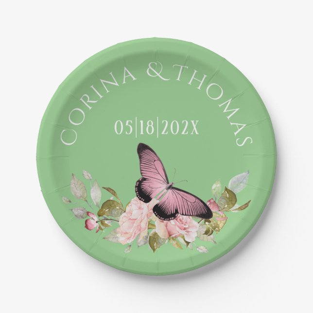 Pink Flowers & Butterfly on Green Wedding Paper Plate (Front)