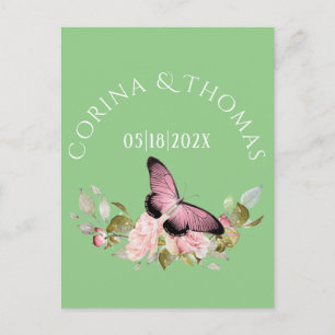 Pink Flowers & Butterfly on Green Wedding Postcard