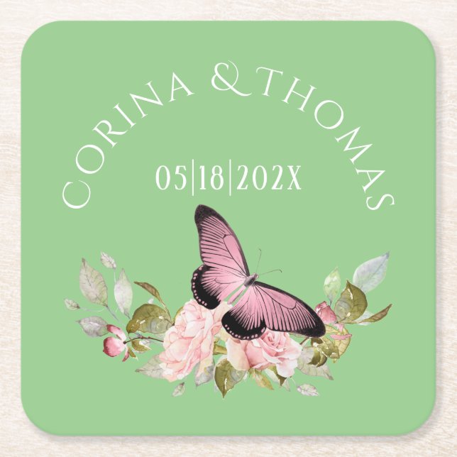 Pink Flowers & Butterfly on Green Wedding Square Paper Coaster (Front)