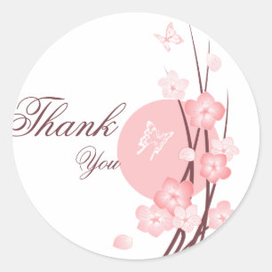 Pink Flowers Butterfly Thank You Classic Round Sticker