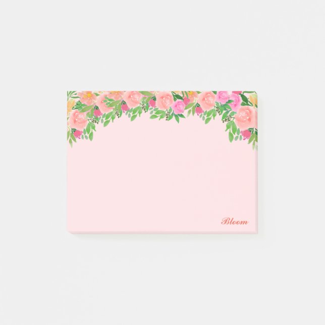 Pink flowers & calligraphy on light pink post-it notes (Front)
