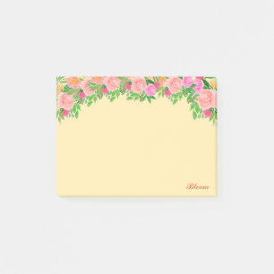 Pink flowers & calligraphy on light yellow post-it notes