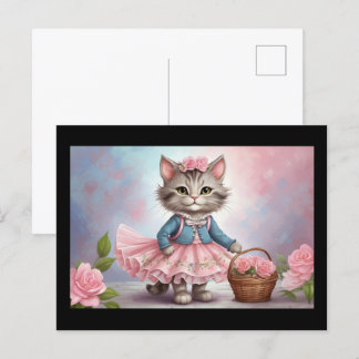 Pink Flowers Cat in Dress with Flower Basket Postcard