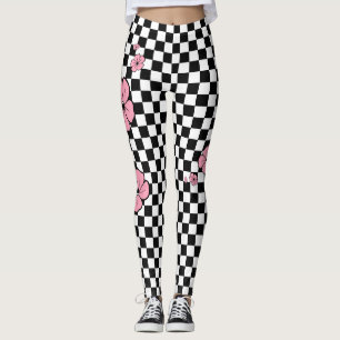 Pink Flowers Chequered Spandex Leggings