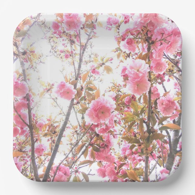Pink Flowers Cherry Blossom Floral Patterns Cute Paper Plate (Front)