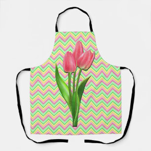 Pink Flowers Chevron Stripped Multicolored Apron
