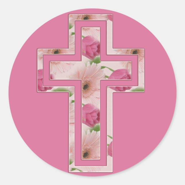 Pink Flowers Christian Cross Symbol Classic Round Sticker (Front)