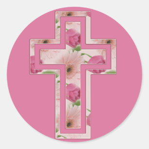 Pink Flowers Christian Cross Symbol Classic Round Sticker