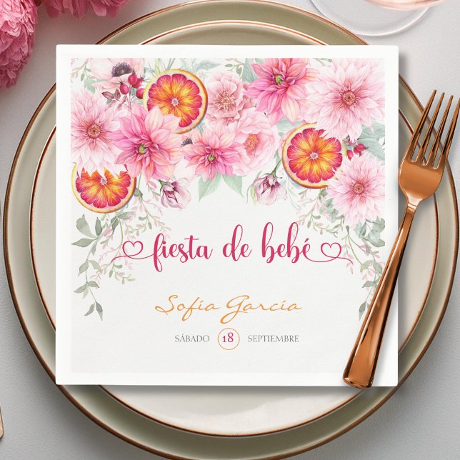 Pink Flowers & Citrus Fiesta Spanish Baby Shower Napkin (Citrus and pink watercolor flowers Spanish baby shower party napkins)