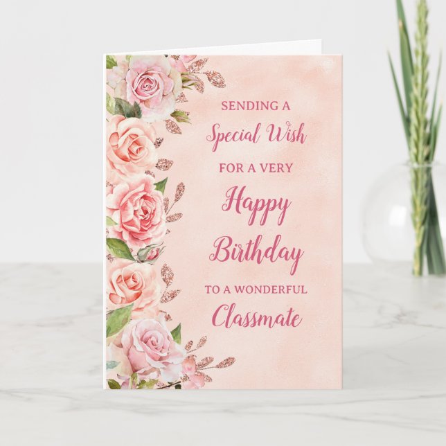 Pink Flowers Classmate Birthday Card (Front)