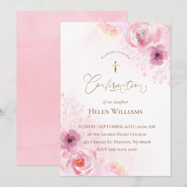 pink flowers | Confirmation Invitation (Front/Back)