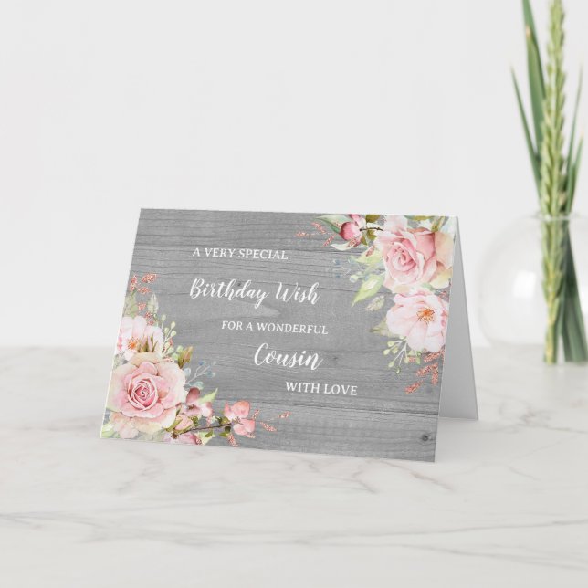 Pink Flowers Cousin Birthday Card (Front)
