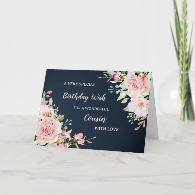 Pink Flowers Cousin Birthday Card (Front)