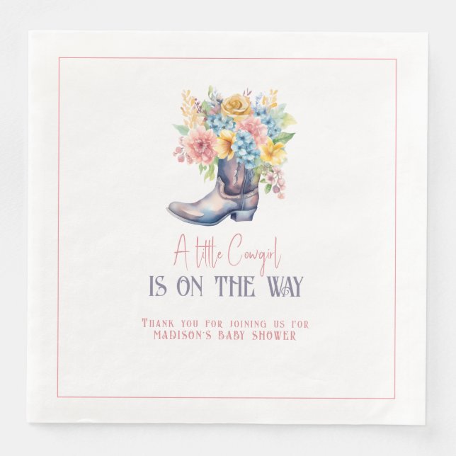 Pink Flowers Cowgirl Boots Personalised Bay Shower Napkin (Front)
