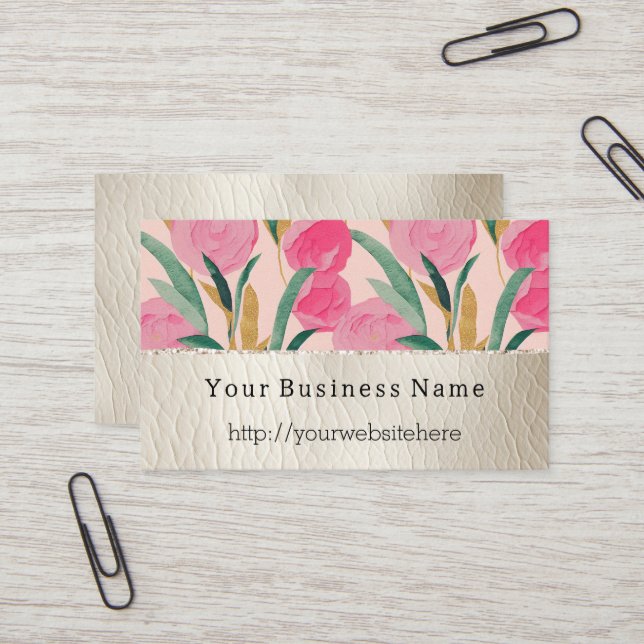 Pink Flowers & Cream Faux Leather Business Card (Front/Back In Situ)