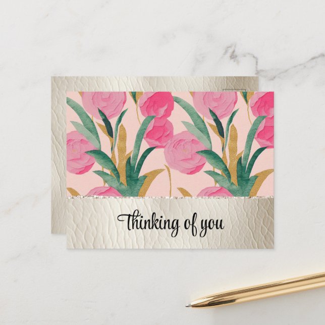 Pink Flowers & Cream Faux Leather Postcard (Front/Back In Situ)