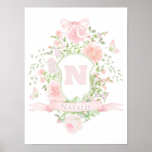 pink flowers crest initial name baby girl poster