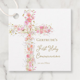 pink flowers cross First Holy Communion Favour Tags