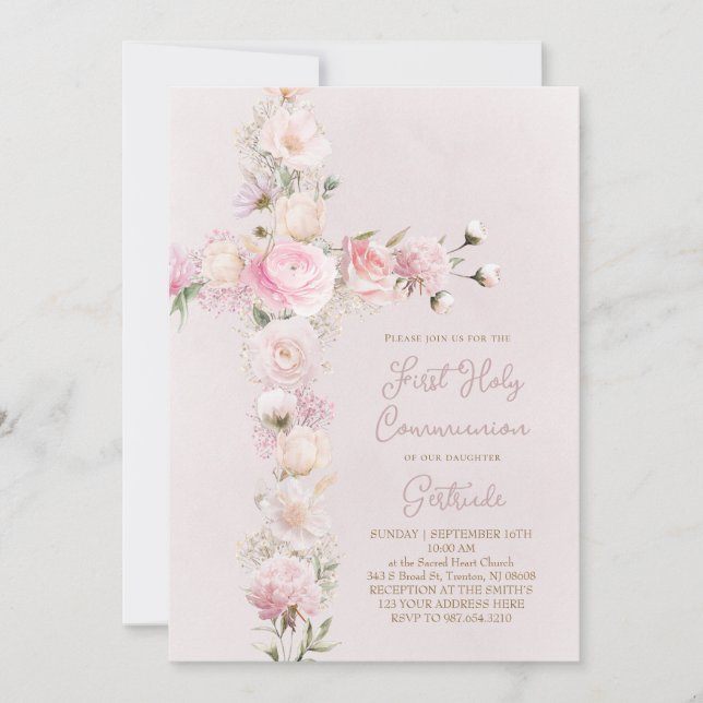 pink flowers cross First Holy Communion Invitation (Front)
