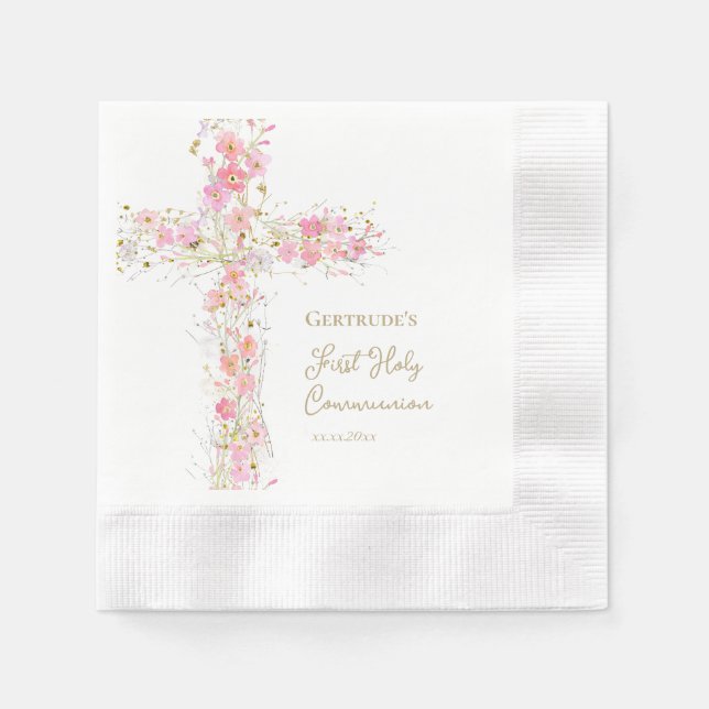  pink flowers cross First Holy Communion Napkin (Front)