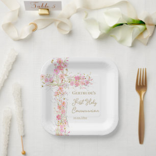 pink flowers cross First Holy Communion Paper Plate