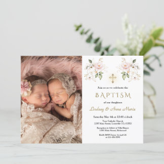 Pink Flowers Cross Girls Twins Photo Baptism Invitation