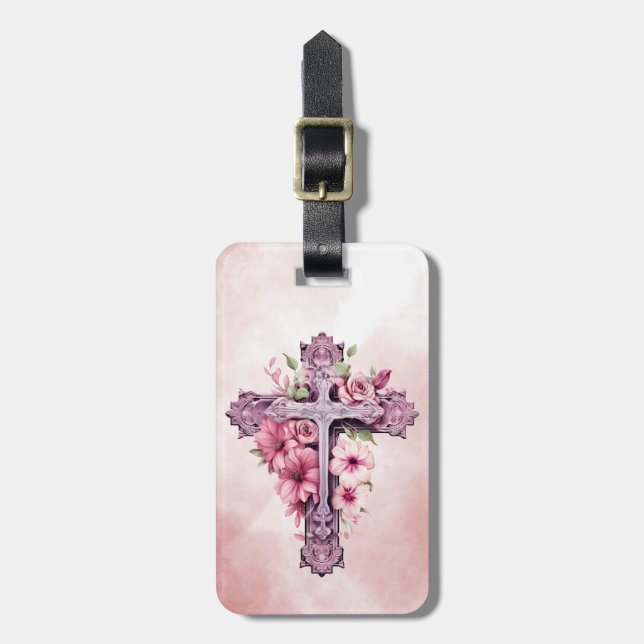 Pink Flowers Cross Luggage Tag (Front Vertical)