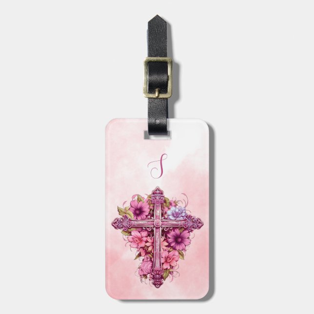 Pink Flowers Cross Luggage Tag (Front Vertical)