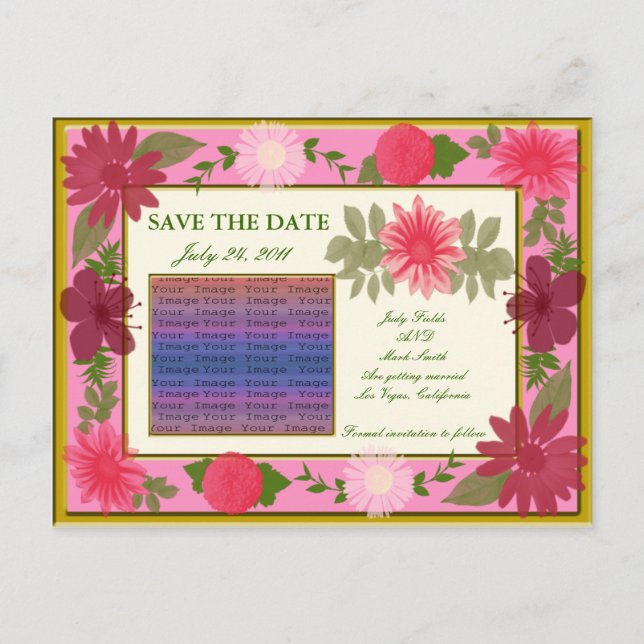 Pink Flowers Custom Save The Date Postcard (Front)