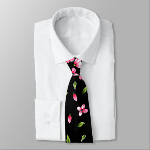 Pink flowers Customisable black colour background Tie