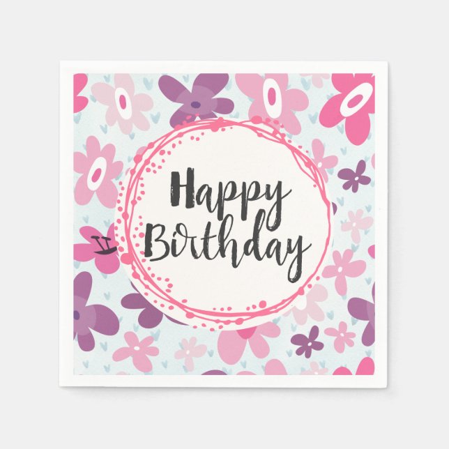 Pink Flowers Cute Whimsical Pattern Birthday Napkin (Front)